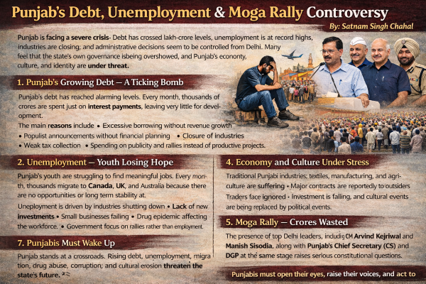 Punjab’s Debt, Unemployment & Moga Rally Controversy-Satnam Singh Chahal