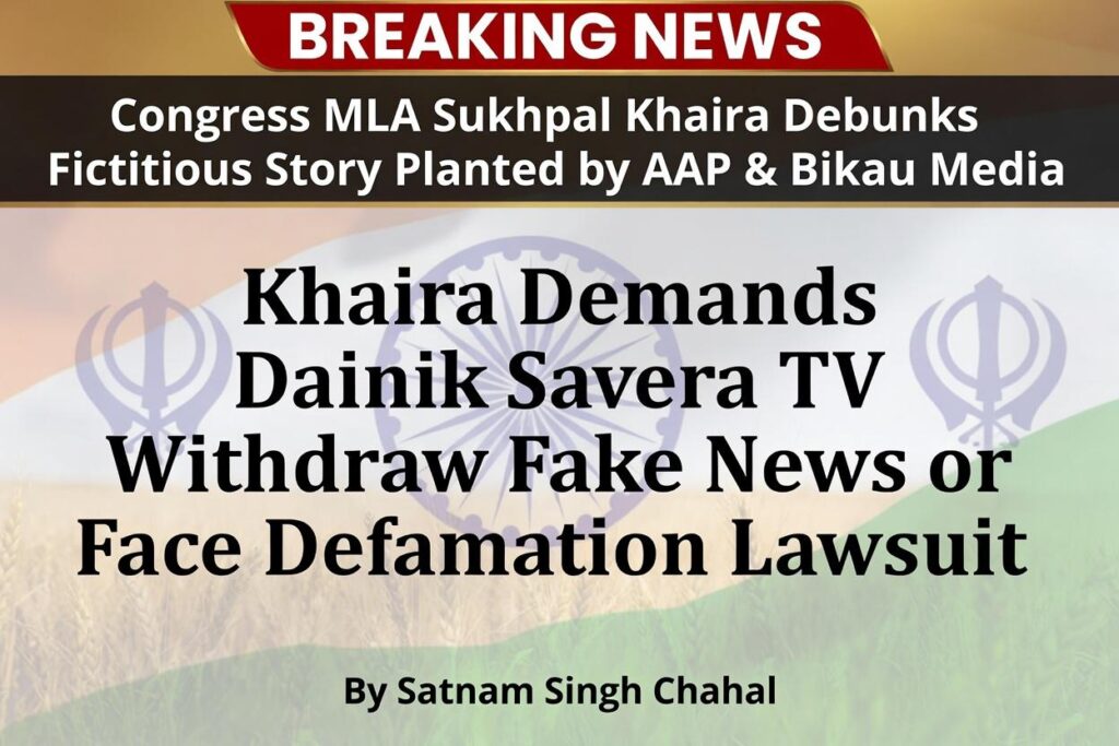 MLA Sukhpal Singh Khaira Strongly Rejects ‘Fictitious’ Story, Accuses AAP and ‘Bikau Media’ of Character Assassination