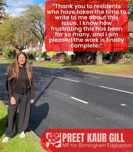 Preet Kaur Gill MP Highlights Successful Repair of Lordswood Road Potholes Following Residents’ Complaints
